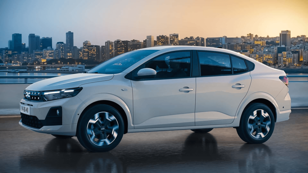 Renault Logan 2026 branco parado com um por do sol no fundo.