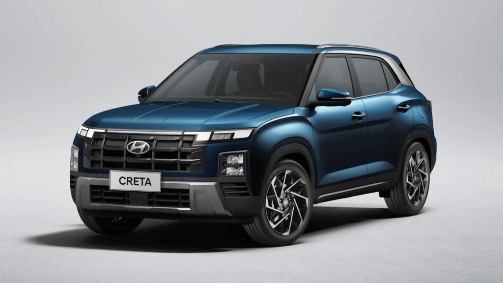 SUV da Hyundai azul parado na diagonal em um fundo cinza.