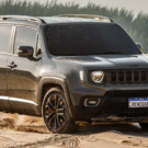 Jeep Renegade cinza parado na diagonal.