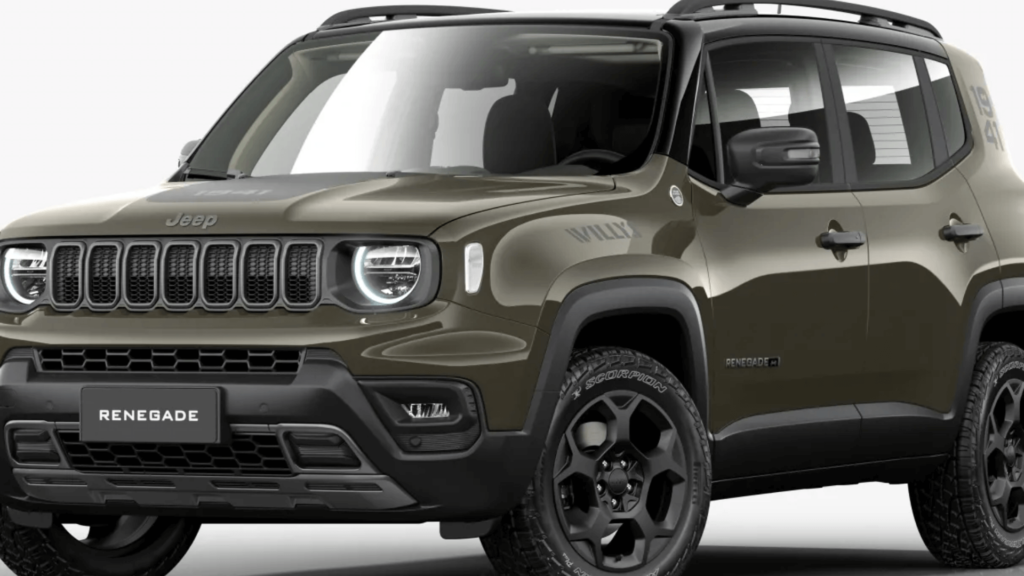 Jeep Renegade Willys T270 4x4 marrom parado na diagonal.