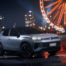 Volkswagen Tera High parado na diagonal de noite com a roda gigante no fundo.
