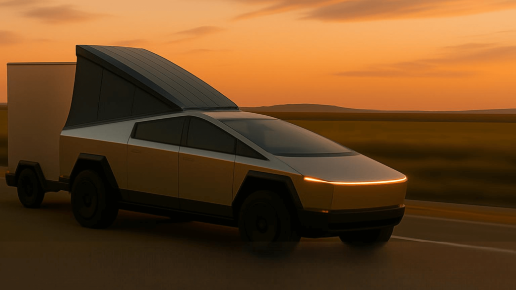 Nova patente do Cybertruck com uma caretinha na traseira e um por do sol no fundo.