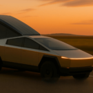 Nova patente do Cybertruck com uma caretinha na traseira e um por do sol no fundo.