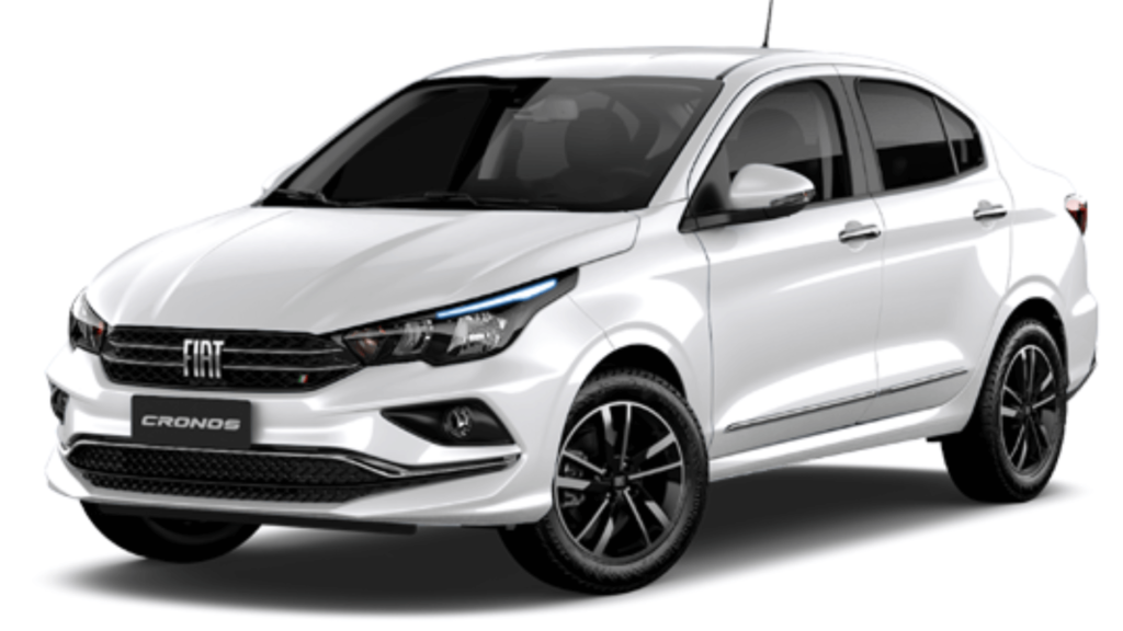 Fiat Cronos automático branco parado na diagonal em um fundo branco.