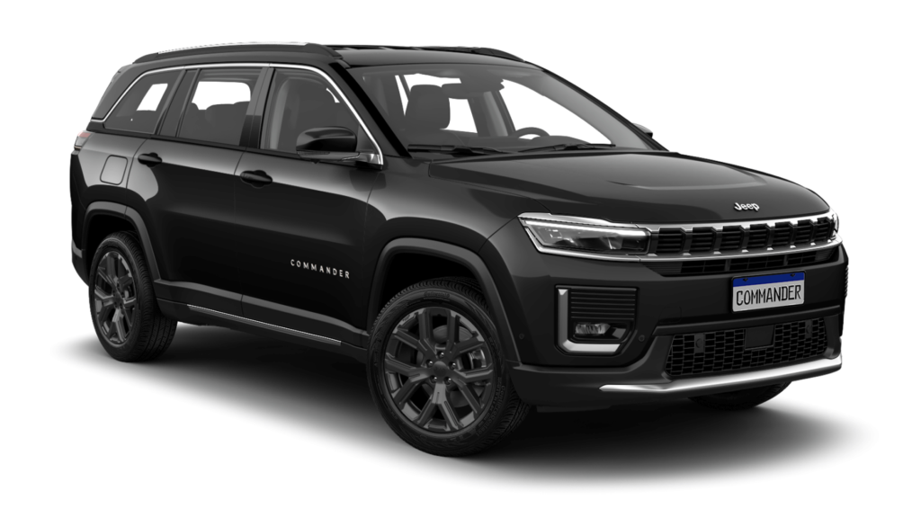 Jeep Commander preto parado na diagonal em um fundo branco.