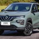 Renault Kwid elétrico verde musgo parado na diagonal.