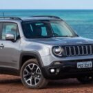 Jeep renegade cinza parado na diagonal.