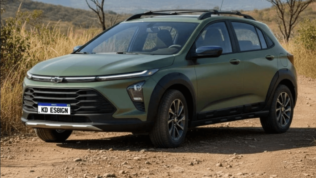 Chevrolet Sonic verde parado na diagonal.