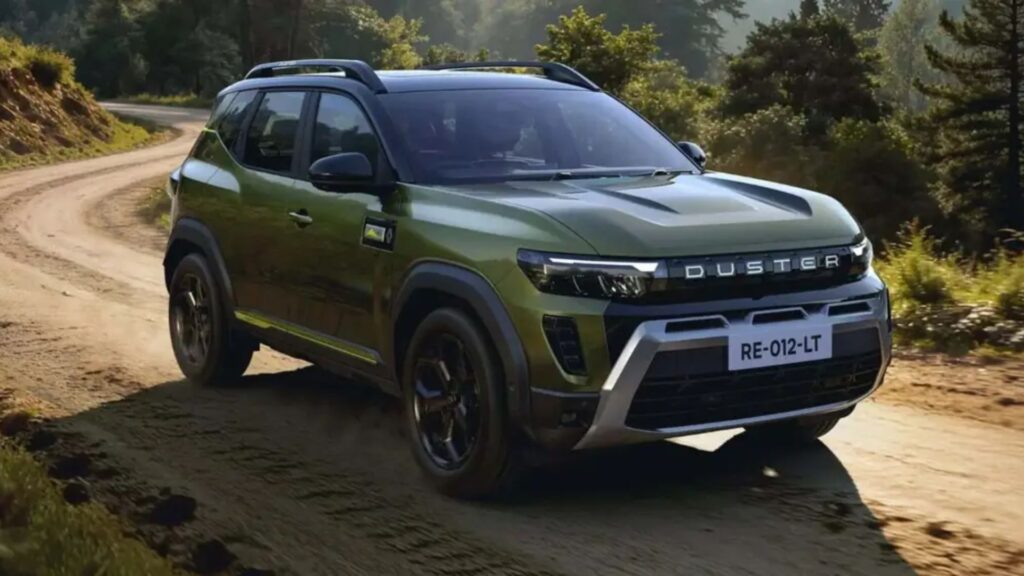 Novo Renault Duster 2027 verde em movimento na estrada.