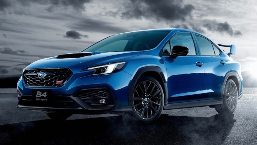 Novo carro da Subaru azul em movimento.