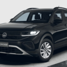Volkswagen T-Cross preto parado na diagonal.