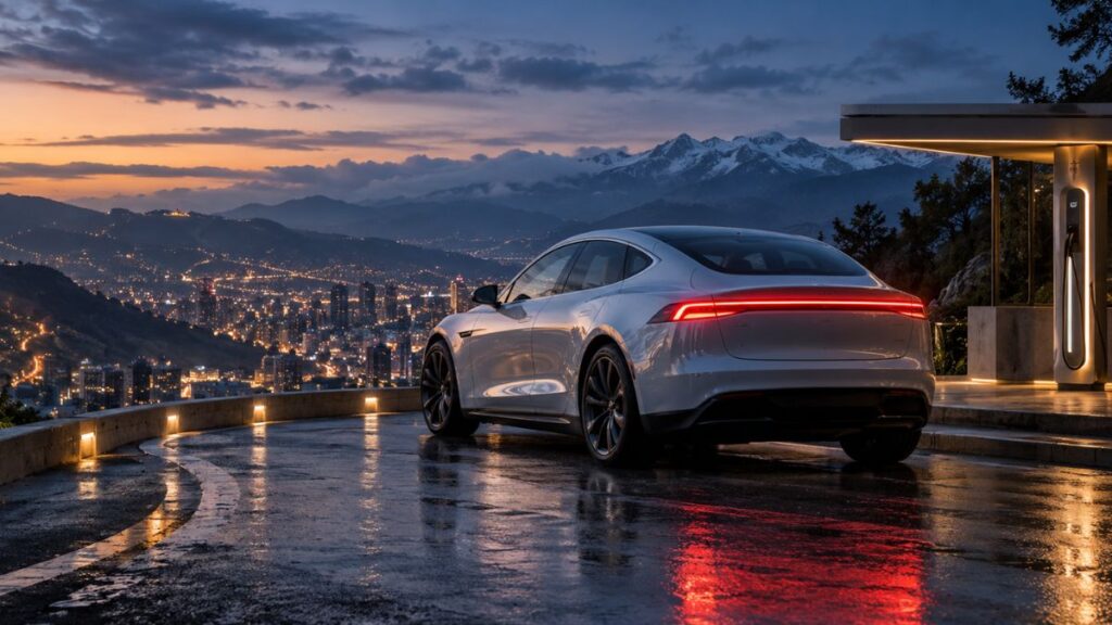 Carro elétrico branco ao lado de um carregador, com vista para uma cidade e montanhas ao pôr do sol