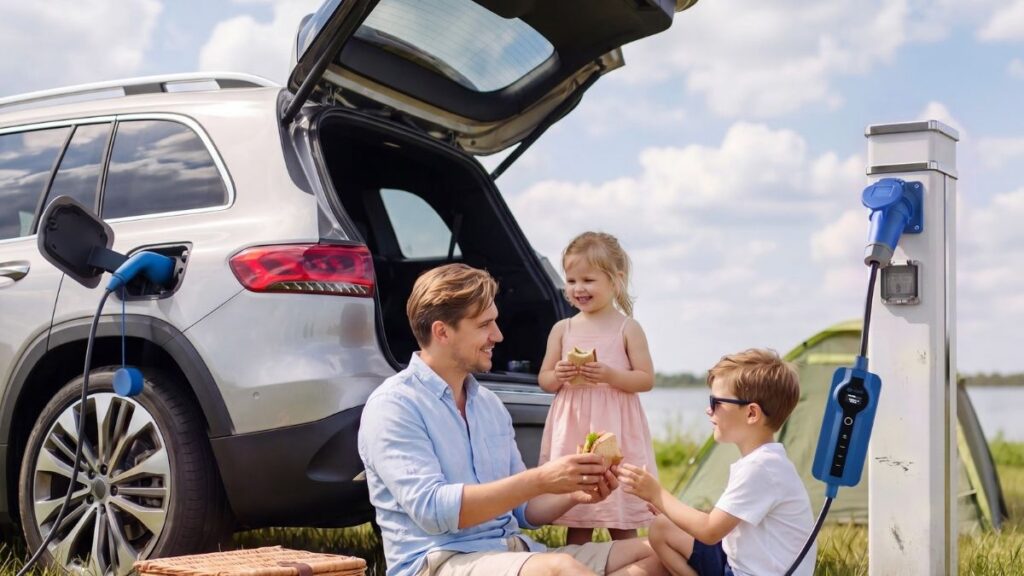 Família esperando carro carregar